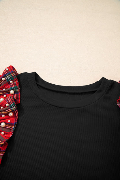 Racing Red Plaid Pearl Ruffle Short Sleeve Loose T Shirt
