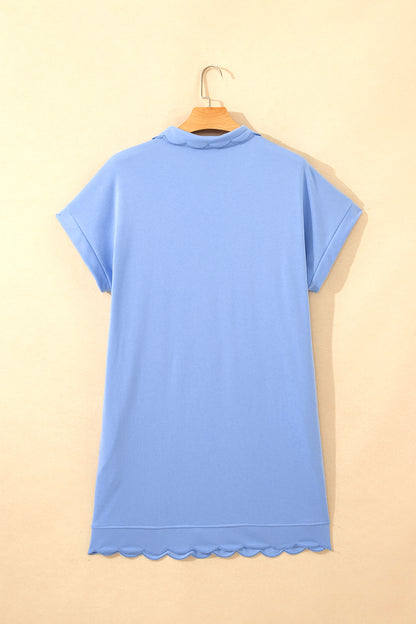 Beau Blue Plus Size Solid Scalloped Hem Button Neck Pullover Mini Dress