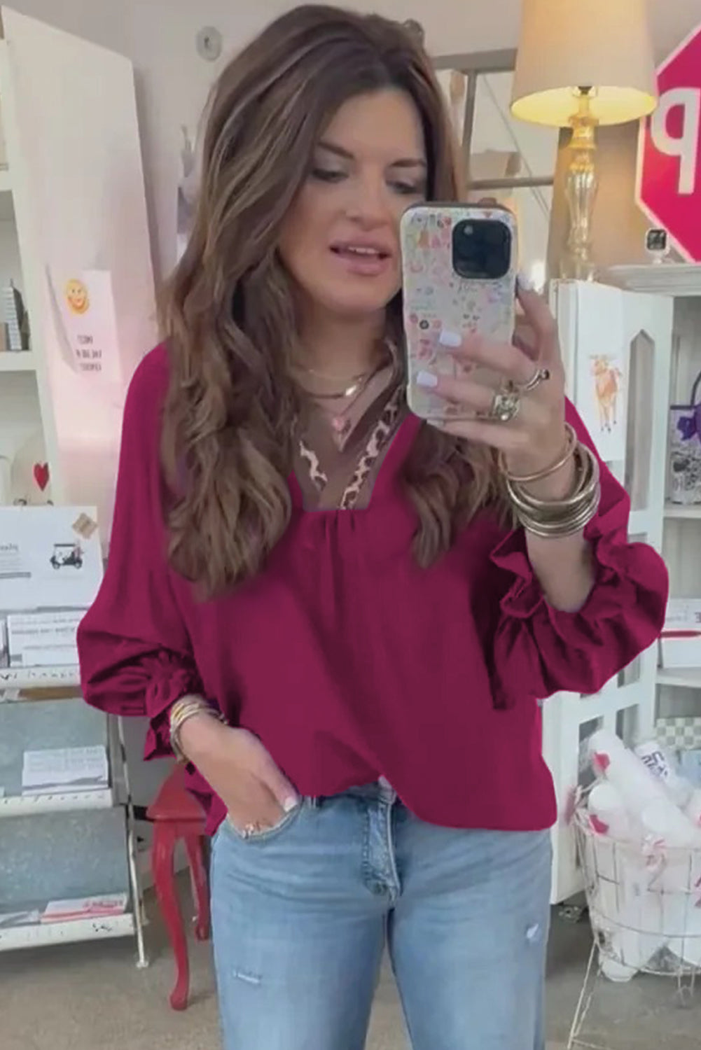 Violet Leopard Trim V Neck Flounced Bracelet Sleeve Blouse