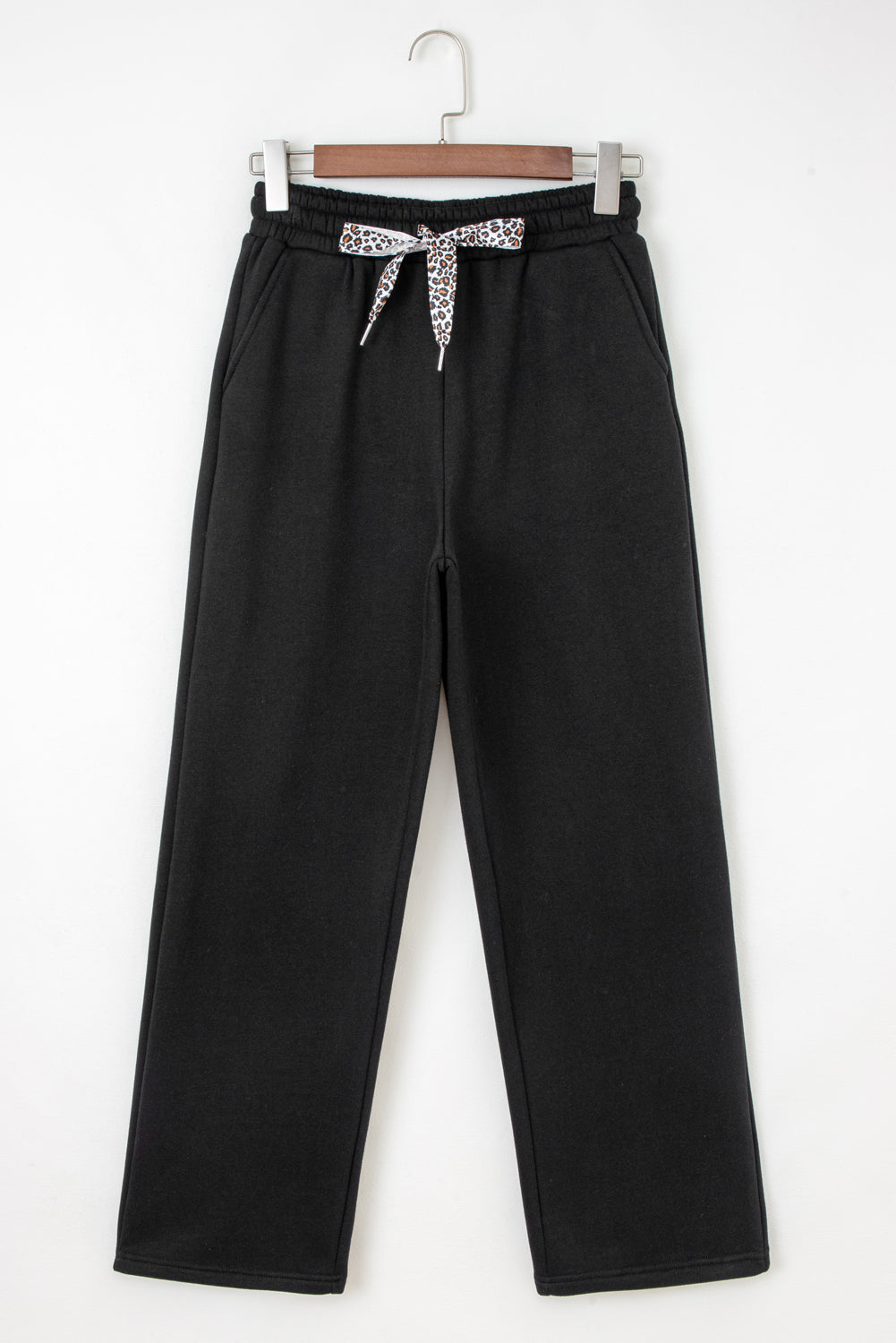 Oatmeal Fleece Lined Leopard Drawstring Elastic Waist Solid Pants