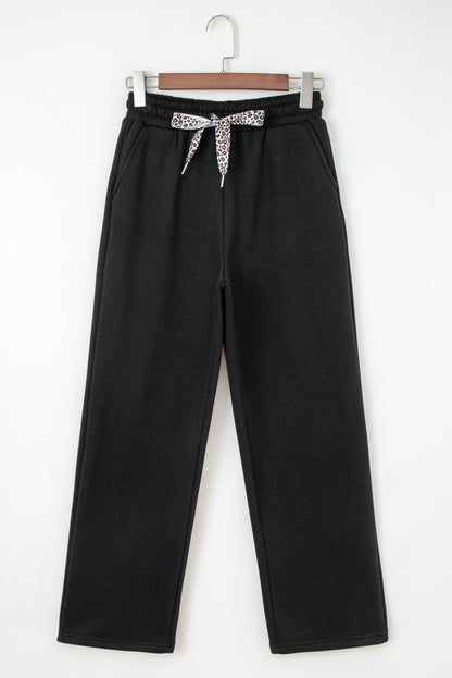 Oatmeal Fleece Lined Leopard Drawstring Elastic Waist Solid Pants