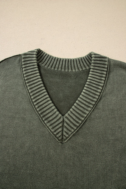 Black Mineral Wash V Neck Knit Exposed Seam Drop Shoulder Loose Sweater