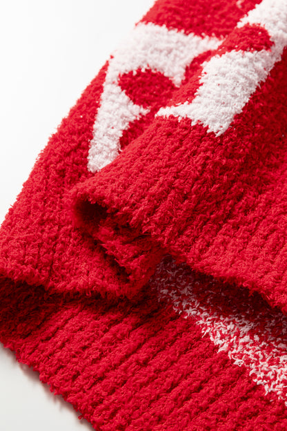 Fiery Red V Neck Flower Heart Detail Checkered Knit Loose Sweater