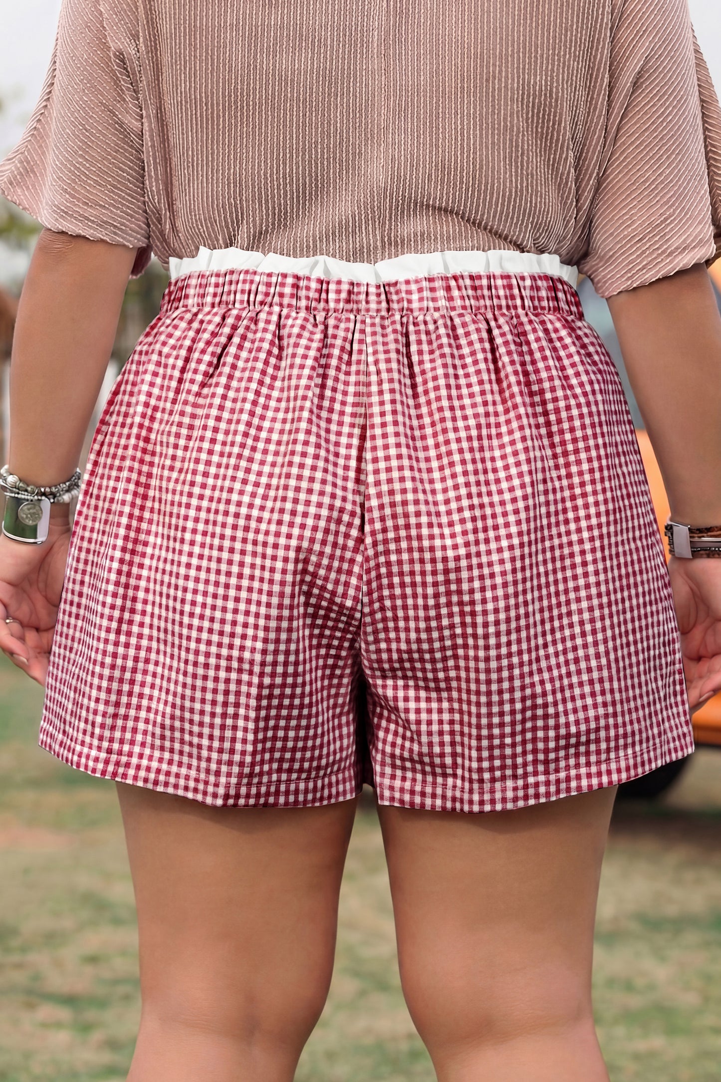 Green Contrast Trim Plaid Print Plus Size Shorts