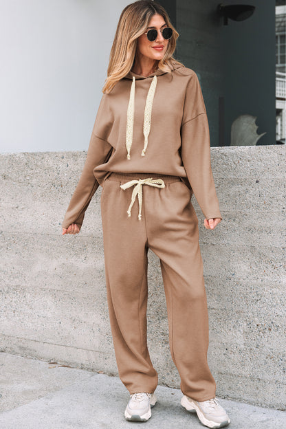 Rose Tan Lace Drawstring Pullover Hoodie and High Waist Pants Corduroy Suit