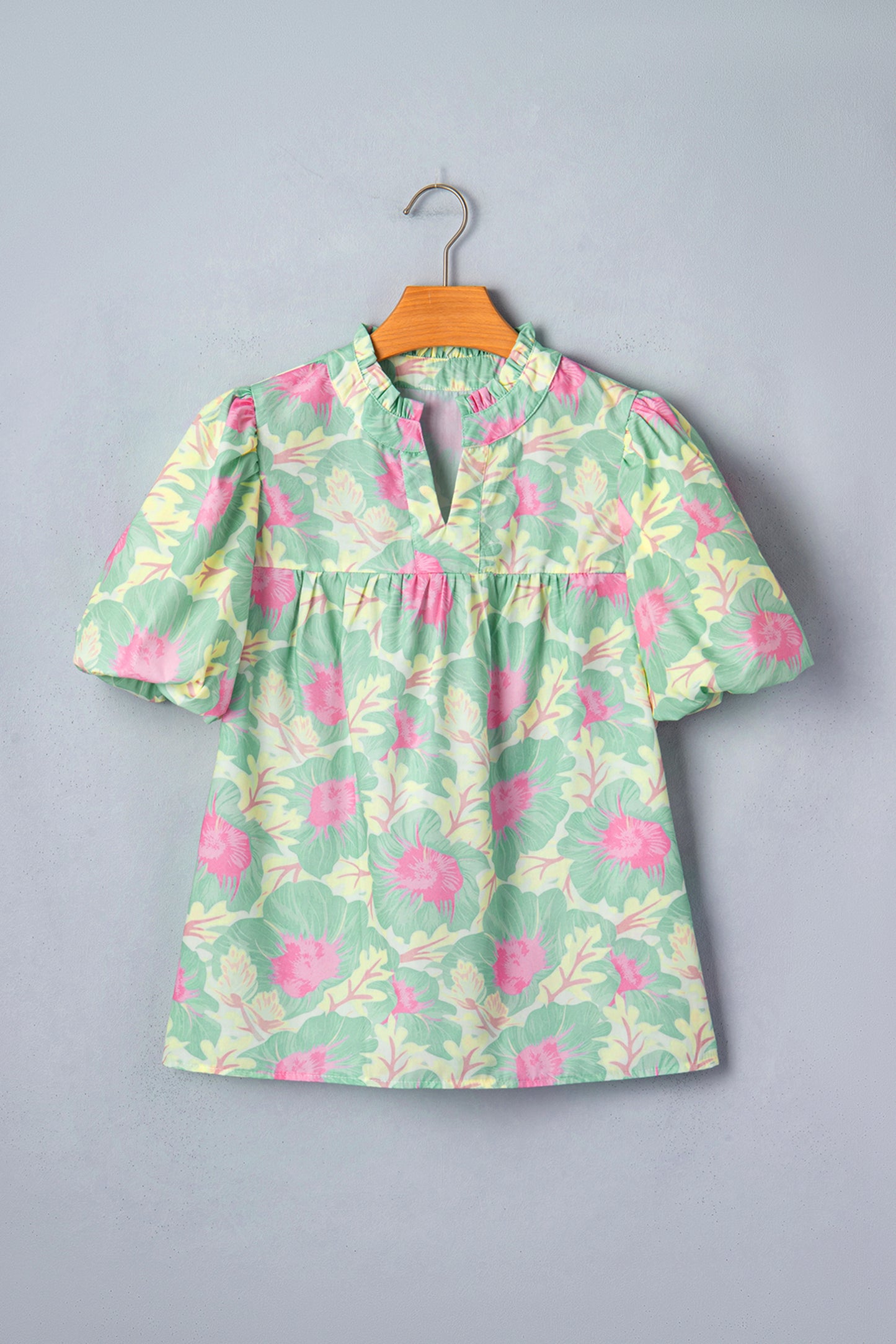Pink Short Bubble Sleeve Summer Floral Blouse