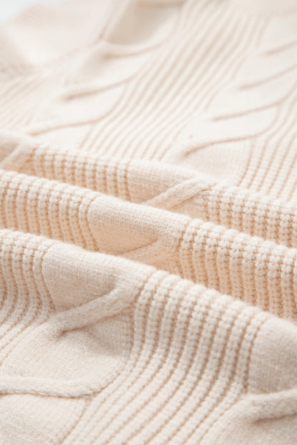 Tomato Red Cable Knit Turtleneck Ruffled Short Sleeve Sweater