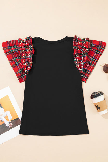 Racing Red Plaid Pearl Ruffle Short Sleeve Loose T Shirt