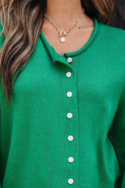 Bright Green Solid Color Knit Button Drop Shoulder Sweater Cardigan