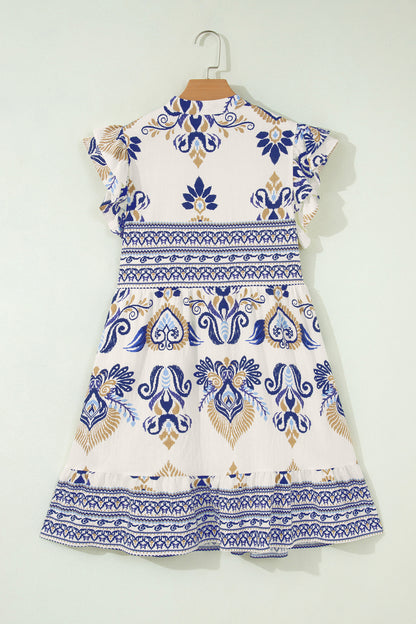 Blue Boho Western Floral Printed Split Neck Ruffled Sleeve Mini Dress