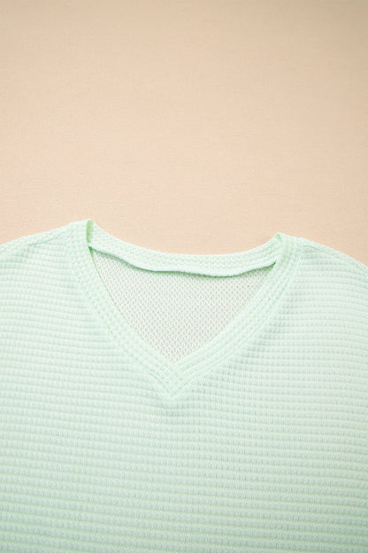Clearly Aqua Waffle V Neck Short Sleeve Knit Top