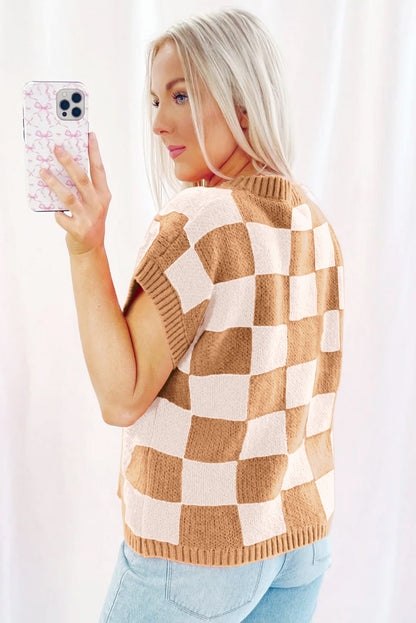 Light French Beige Colorblock Plaid Pattern Ribbed Trim Sweater Tank Top