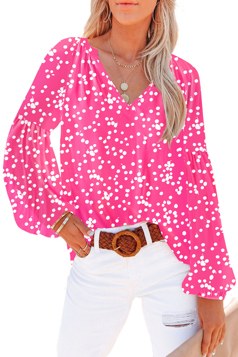 Yellow Floral Print V Neck Long Puff Sleeve Top