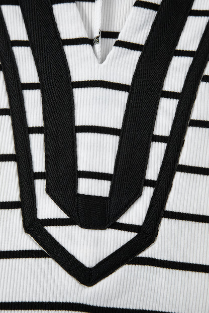 White Stripe Stand Collar V Neck Elastic Cuffs Half Sleeve Dolman Top