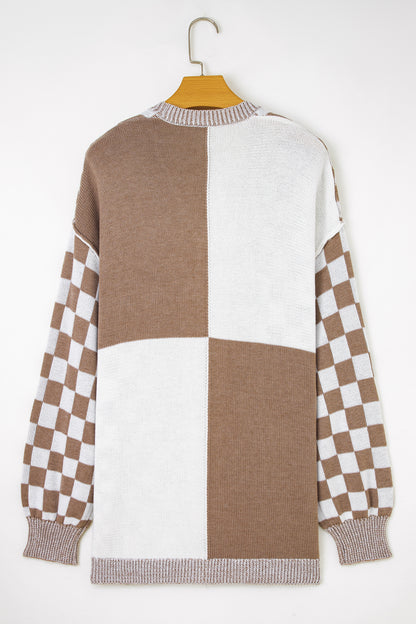 Black Plus Size Checkered Bubble Sleeve Drop Shoulder Open Cardigan