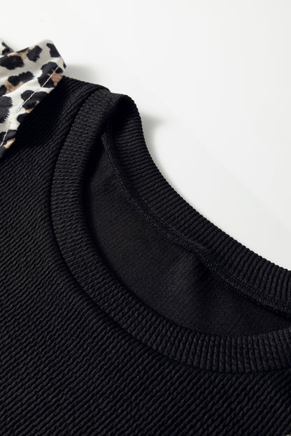 Black Contrast Leopard Ruffled Short Sleeve Ribbed Knit Top