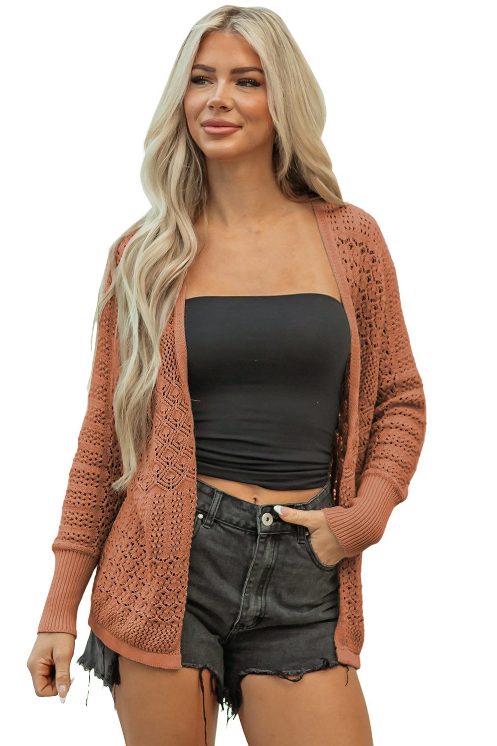 Lapis Mix Pattern Hollowed Knit Open Front Cardigan