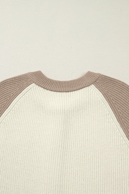 White Color Block Ribbed Knit Button Down Sweater Cardigan