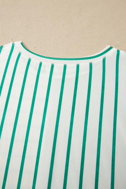 Green Stripe Colorblock 3/4 Sleeve Loose T Shirt