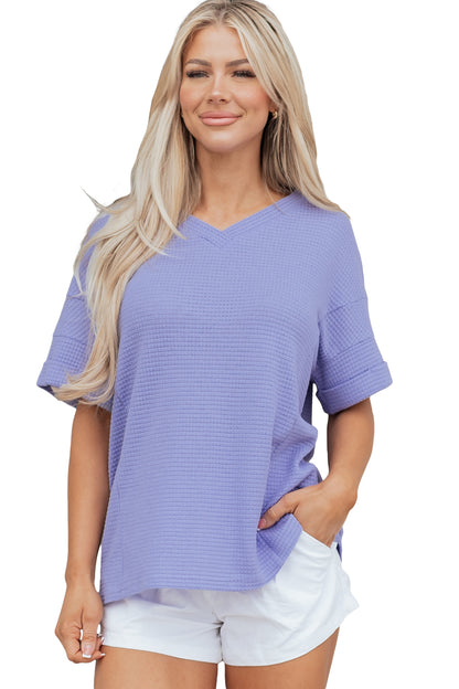 Clearly Aqua Waffle V Neck Short Sleeve Knit Top