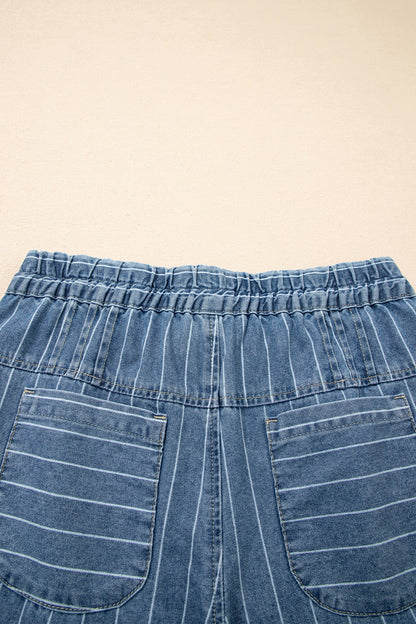 Sky Blue Stripe Button Pleated Drawstring Waist Casual Wide Leg Jeans