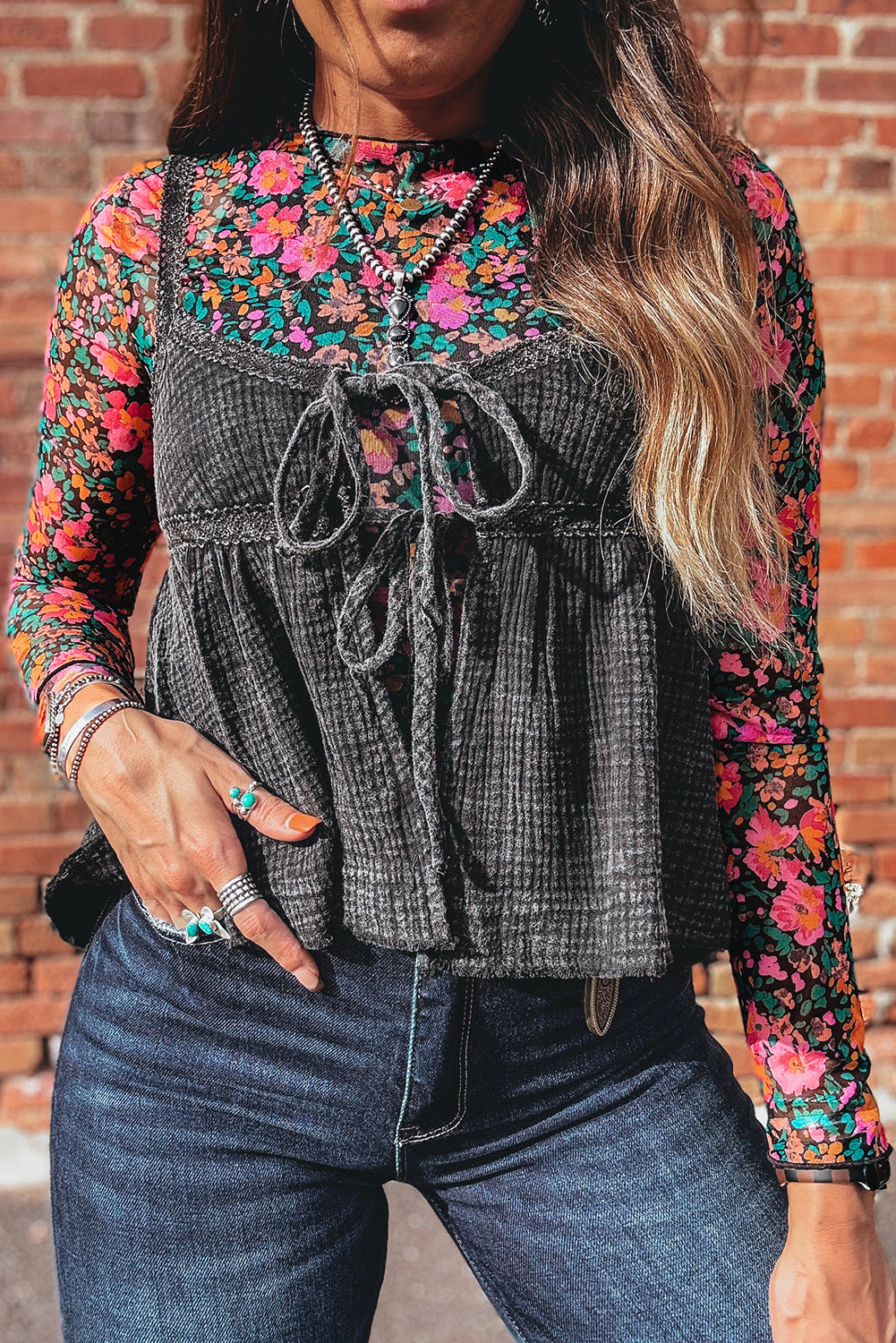 Pink Slim Fit Floral Mesh Long Sleeve Mock Neck Top
