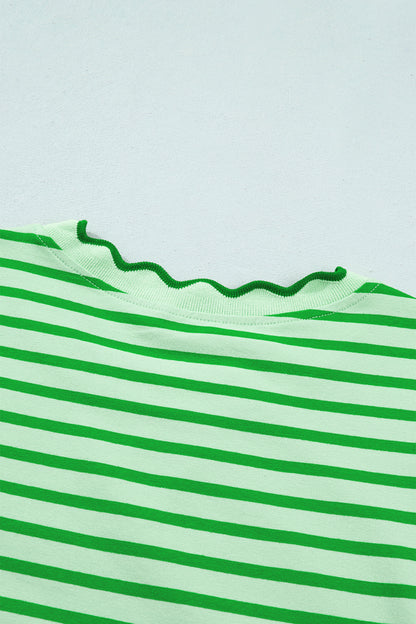 Green Stripe Scalloped Trim Round Neck T Shirt