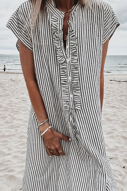 Red Stripe Frilled Detail Half Buttons Short Sleeve Long Dress