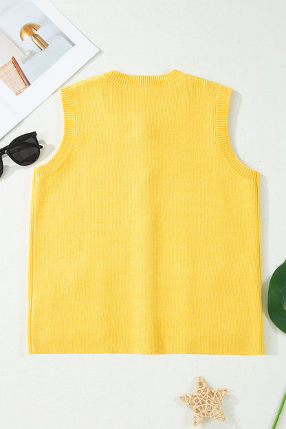 Yellow Cream Solid Color Sleeveless Knit Button Pocketed Sweater