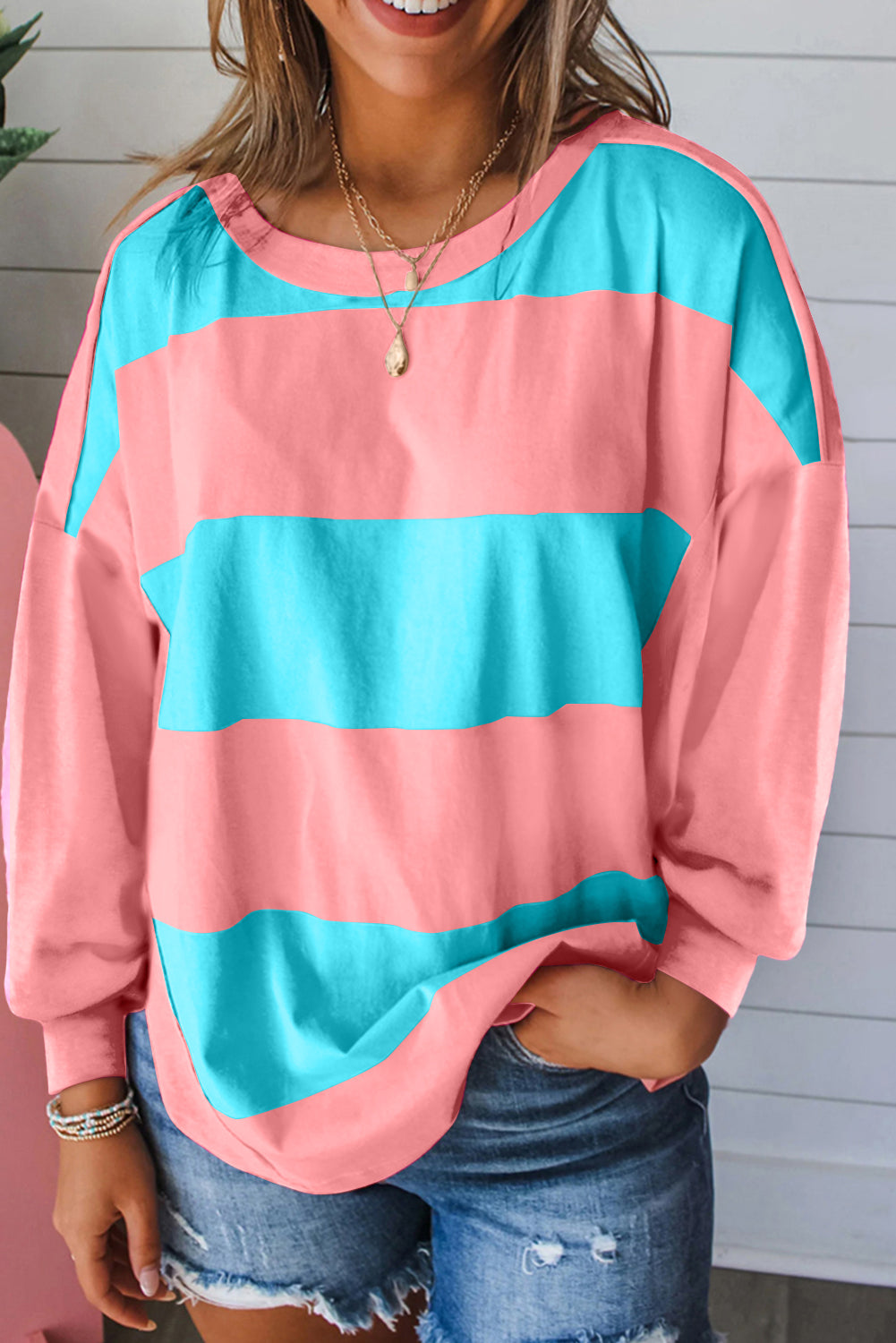 Light Green Colorblock Striped Drop Shoulder Loose Top