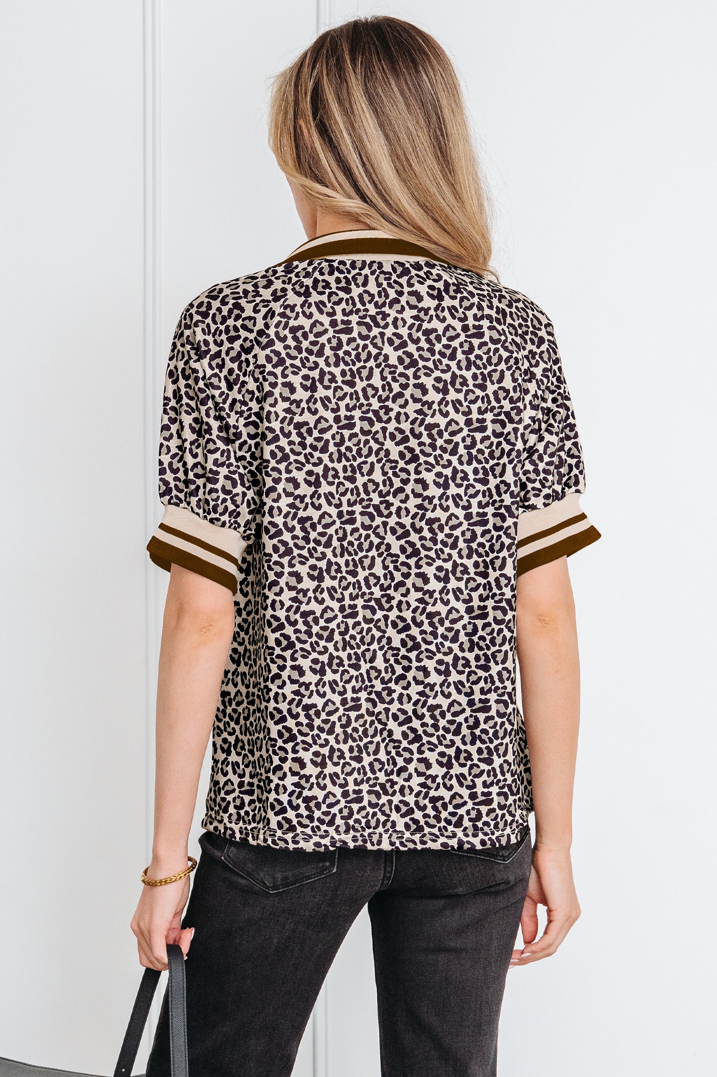 Khaki Leopard Print Half Zip Striped Trim Patchwork Short Sleeve Top