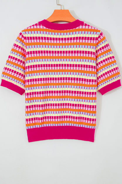 Orange Abstract Striped Knit Short Sleeve Sweater