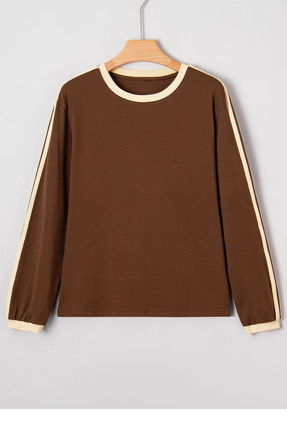 Dark Brown Varsity Striped Accent Contrast Crew Neck Long Sleeve T Shirt
