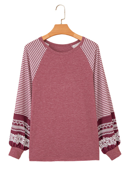 Navy Blue Contrast Print Striped Raglan Long Sleeve Loose Top