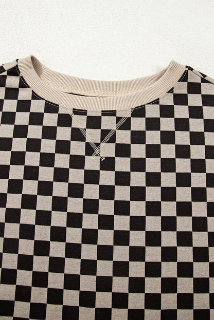 Khaki Mixed Checkered Pattern Patchwork High Low Casual Top