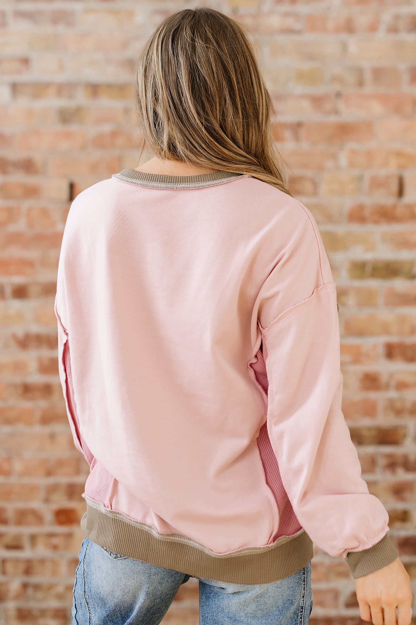 Smoke Green Color Block Mix Texture Waffle Patchwork Oversize Sweatshirt
