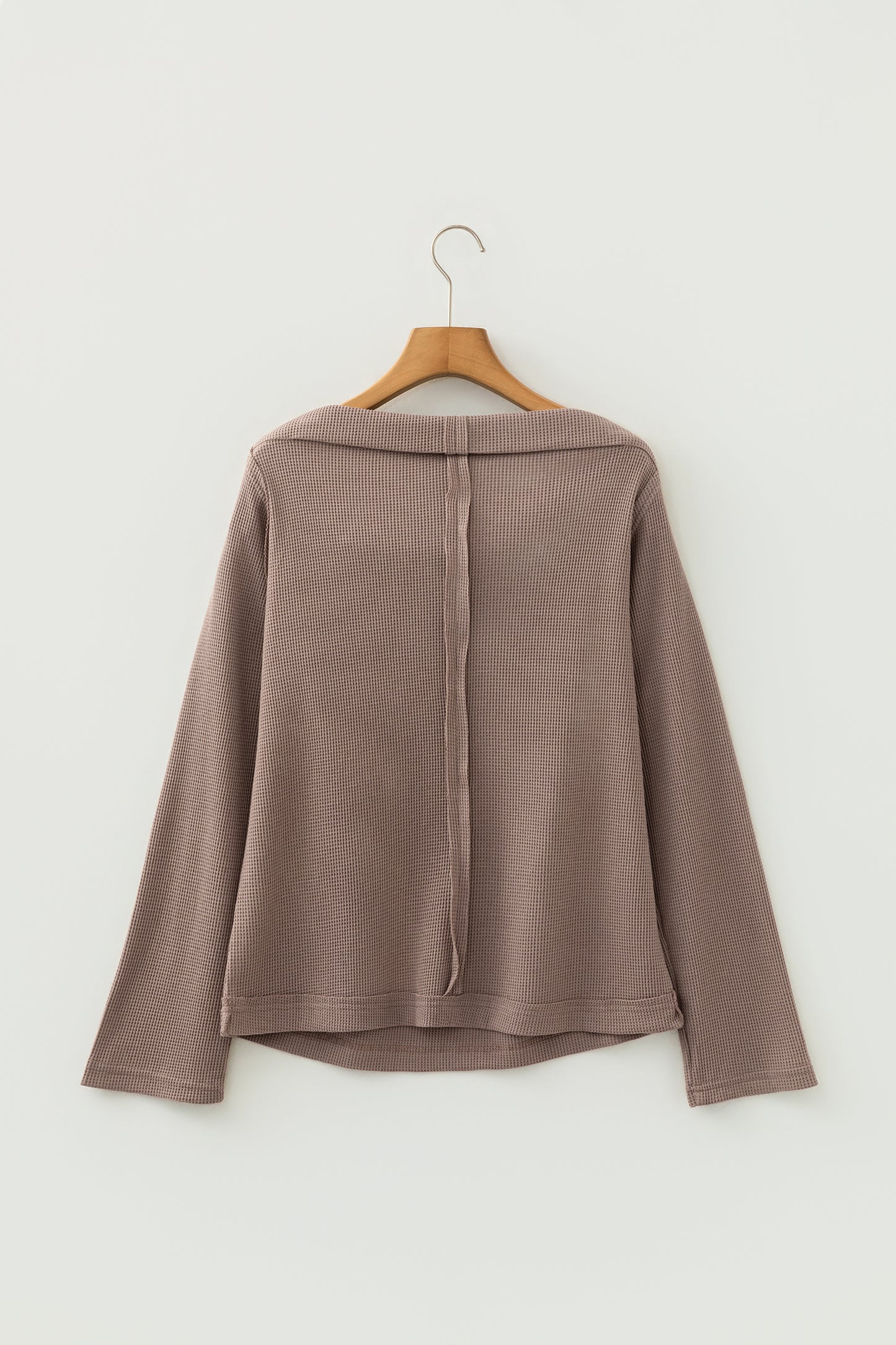 Beige Solid Color Waffle Knit Asymmetric Neck Long Sleeve Top