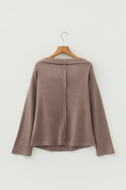 Beige Solid Color Waffle Knit Asymmetric Neck Long Sleeve Top