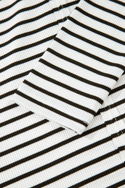 Black Stripe Ribbed Knit Half Button Long Sleeve Slim Top