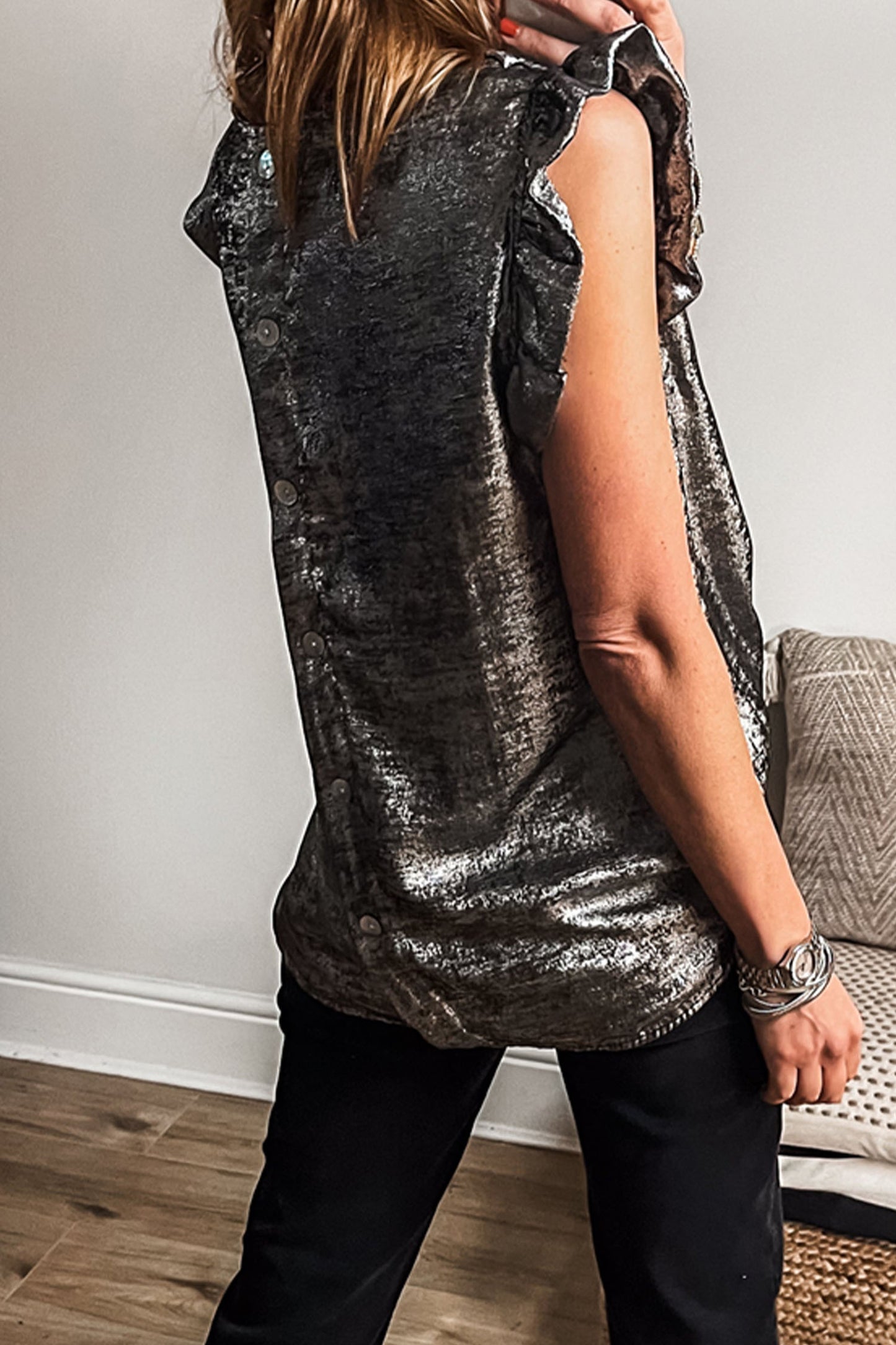 Gold Metallic Round Neck Ruffle Trim Sleeveless Top