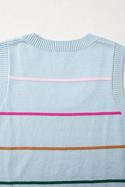 Sky Blue Stripe Round Neck Knitted Sweater Tank
