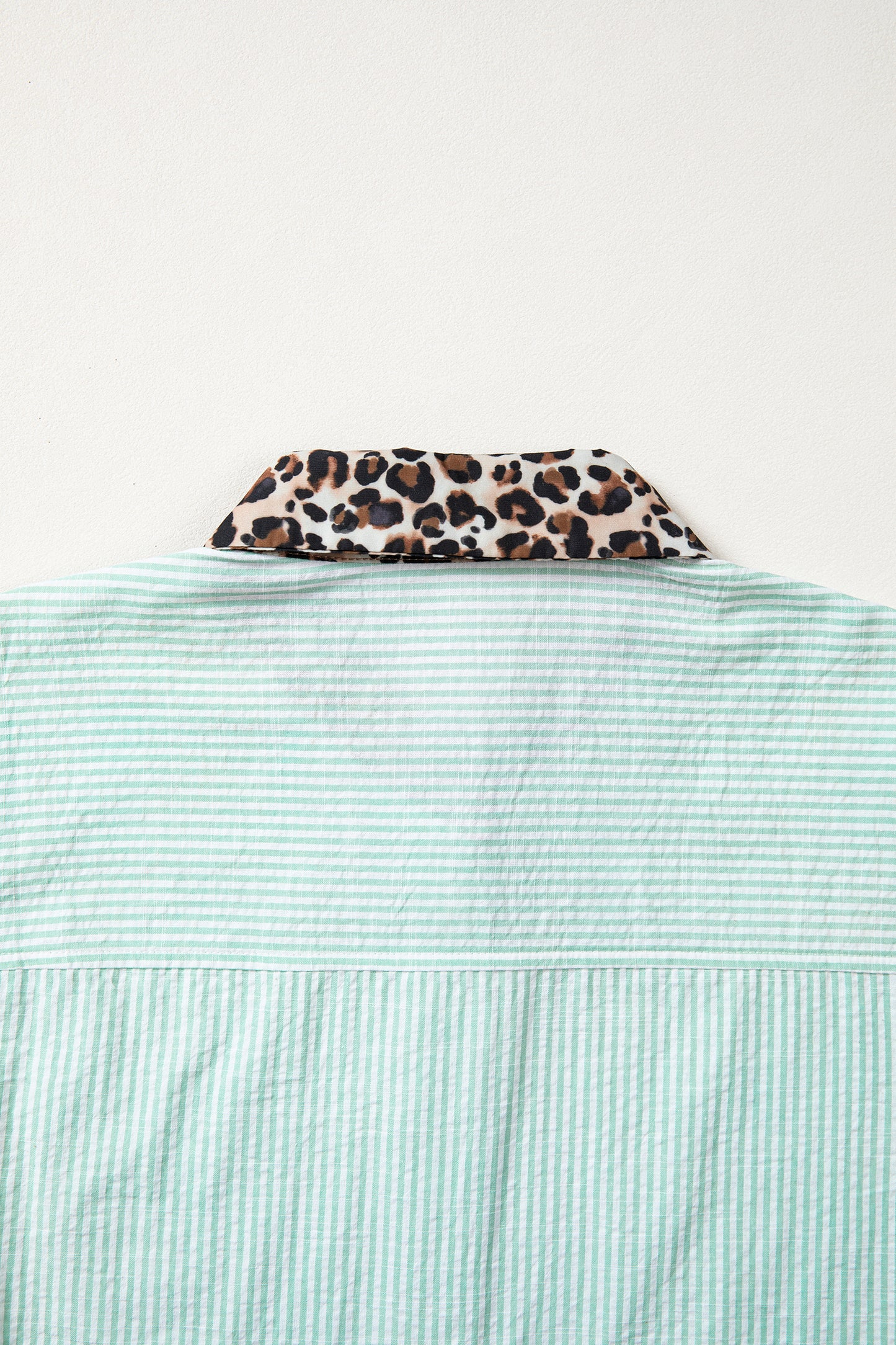 Green Stripe Leopard Contrast Collar Short Sleeve Shirt
