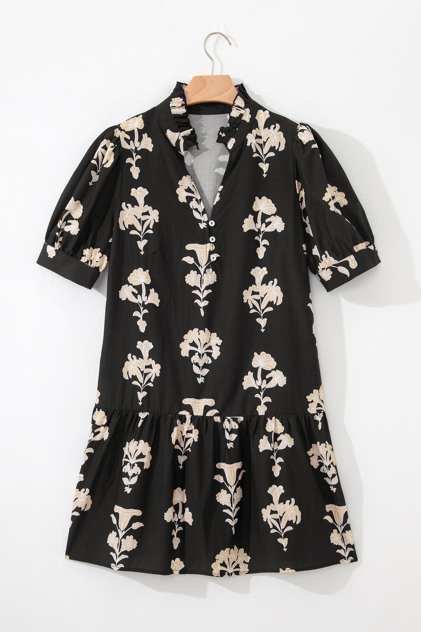 Green Frilled V Neck Puff Short Sleeve Floral Mini Dress