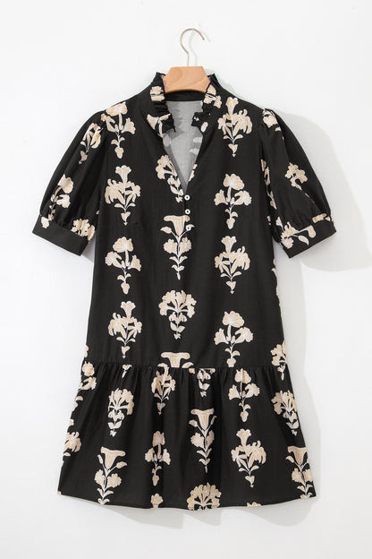 Green Frilled V Neck Puff Short Sleeve Floral Mini Dress