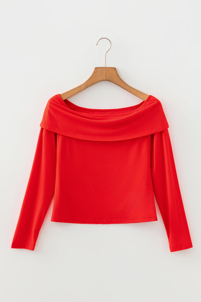 Smoke Gray Foldover Off Shoulder Long Sleeve Slim Top