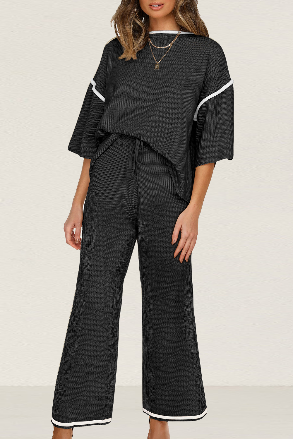 Guacamole Green Contrast Trim Half Sleeve Top Drawstring Pants Loose 2pcs Sweater Suit