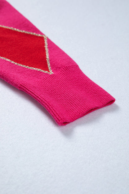 Rose Red Glitter Rhombus Pattern Knit Womens Casual Sweater