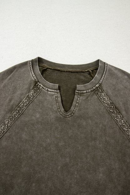 Jungle Green Lace Patchwork Detail Notched Neck Mineral Wash Baggy Sweatshirt