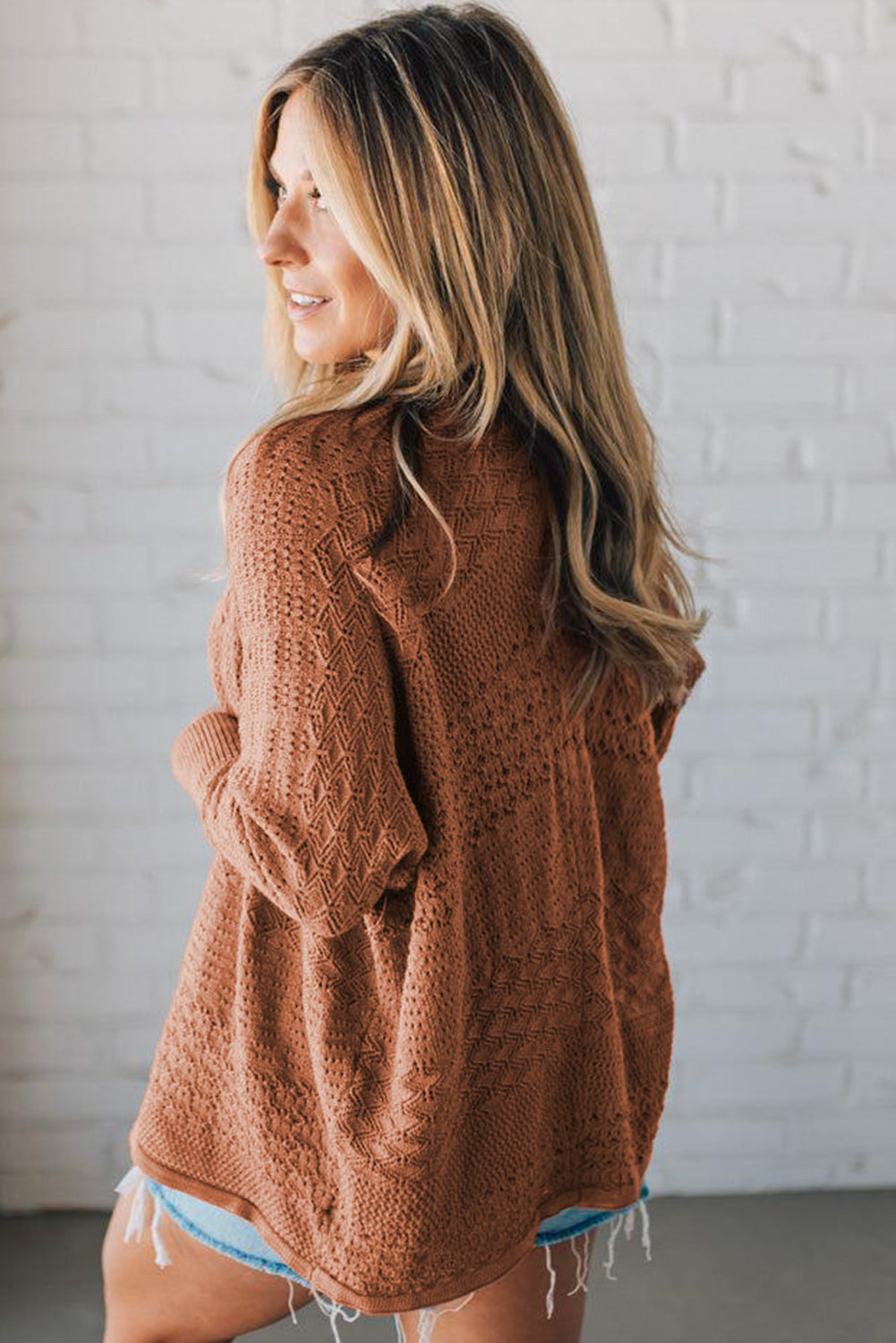 Lapis Mix Pattern Hollowed Knit Open Front Cardigan