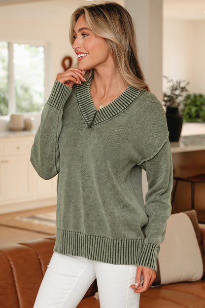 Black Mineral Wash V Neck Knit Exposed Seam Drop Shoulder Loose Sweater